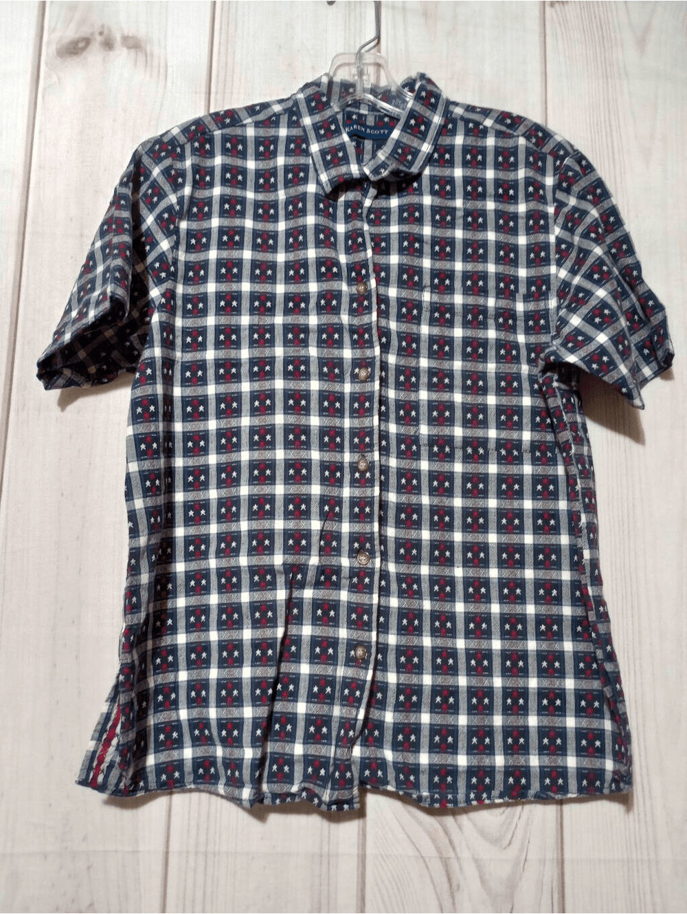Karen Scott Medium Navy Blue White Red Star Pattern Short Sleeve Button-Up Shirt